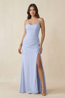 Cami Strap Sheath Chiffon Bridesmaid Dress with Slit in Ice - KissProm Bridesmaid Dresses