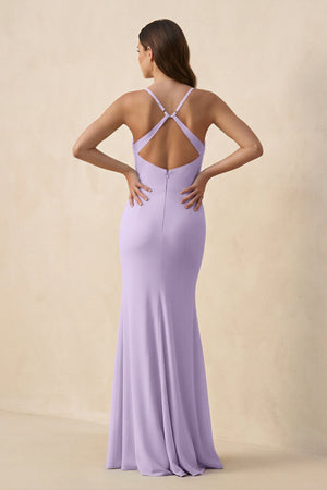 Cami Strap Sheath Chiffon Bridesmaid Dress with Slit in Lavender - KissProm Bridesmaid Dresses