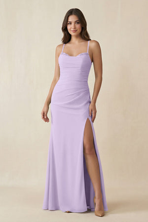 Cami Strap Sheath Chiffon Bridesmaid Dress with Slit in Lavender - KissProm Bridesmaid Dresses
