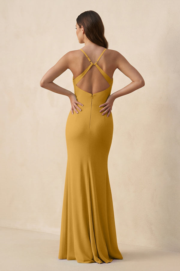 Cami Strap Sheath Chiffon Bridesmaid Dress with Slit in Marigold - KissProm Bridesmaid Dresses