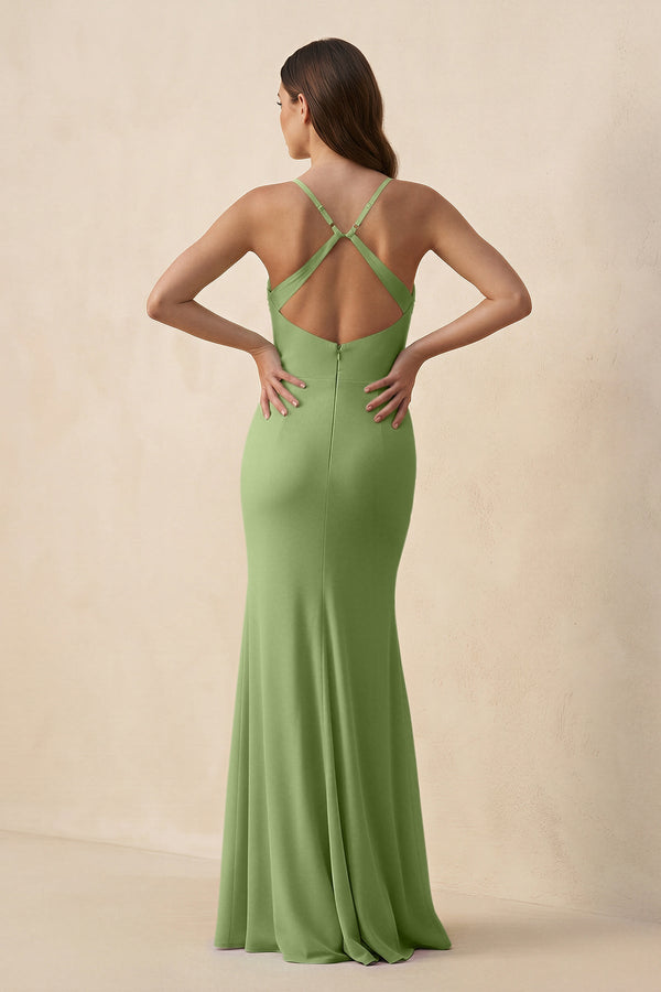 Cami Strap Sheath Chiffon Bridesmaid Dress with Slit in Matcha - KissProm Bridesmaid Dresses