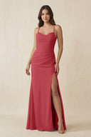 Cami Strap Sheath Chiffon Bridesmaid Dress with Slit in Merlot - KissProm Bridesmaid Dresses