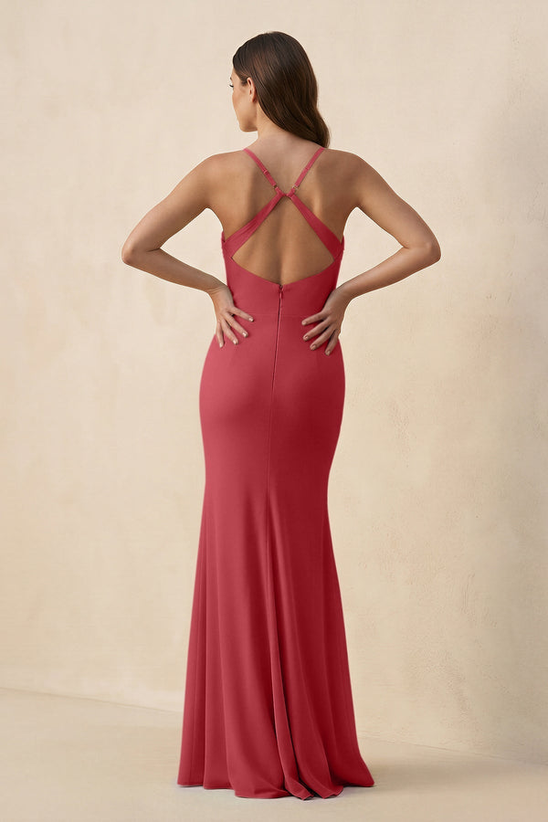 KissProm Cami Strap Sheath Chiffon Bridesmaid Dress with Slit in Merlot, Merlot / 14