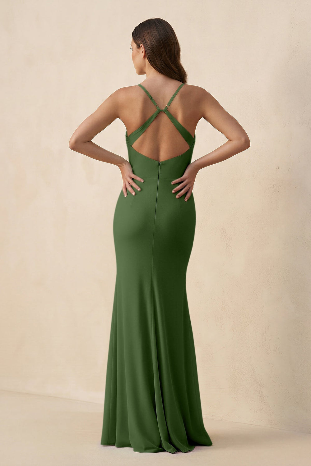 Cami Strap Sheath Chiffon Bridesmaid Dress with Slit in Moss - KissProm Bridesmaid Dresses