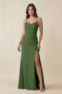 Cami Strap Sheath Chiffon Bridesmaid Dress with Slit in Moss - KissProm Bridesmaid Dresses