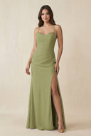 Cami Strap Sheath Chiffon Bridesmaid Dress with Slit in Moss Green - KissProm Bridesmaid Dresses