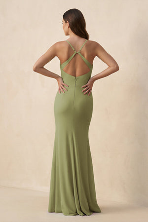 Cami Strap Sheath Chiffon Bridesmaid Dress with Slit in Moss Green - KissProm Bridesmaid Dresses