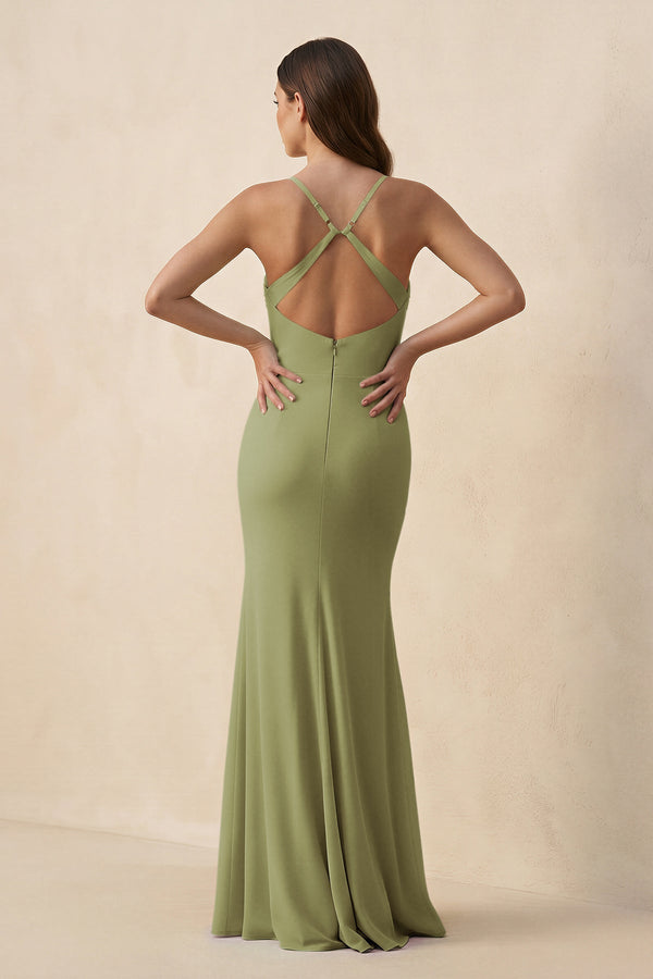 Cami Strap Sheath Chiffon Bridesmaid Dress with Slit in Moss Green - KissProm Bridesmaid Dresses