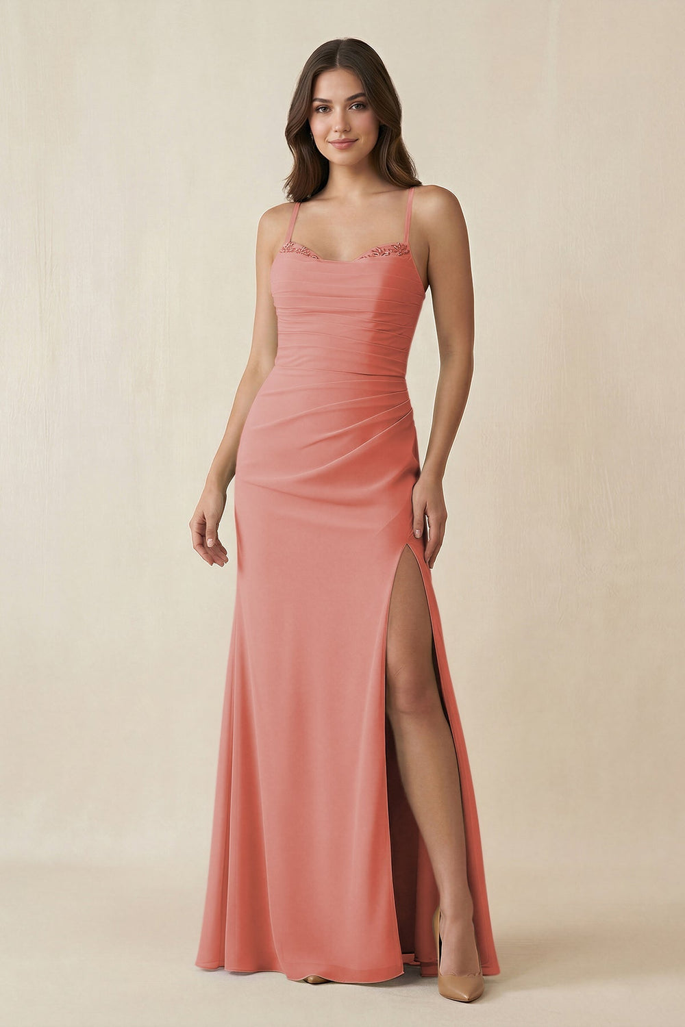 Cami Strap Sheath Chiffon Bridesmaid Dress with Slit in Mulberry - KissProm Bridesmaid Dresses
