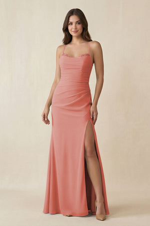 Cami Strap Sheath Chiffon Bridesmaid Dress with Slit in Mulberry - KissProm Bridesmaid Dresses