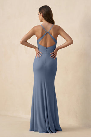 Cami Strap Sheath Chiffon Bridesmaid Dress with Slit in Neptune - KissProm Bridesmaid Dresses
