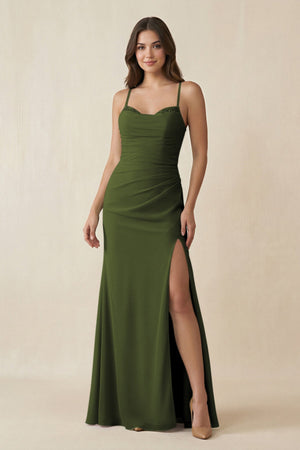 Cami Strap Sheath Chiffon Bridesmaid Dress with Slit in Olive - KissProm Bridesmaid Dresses