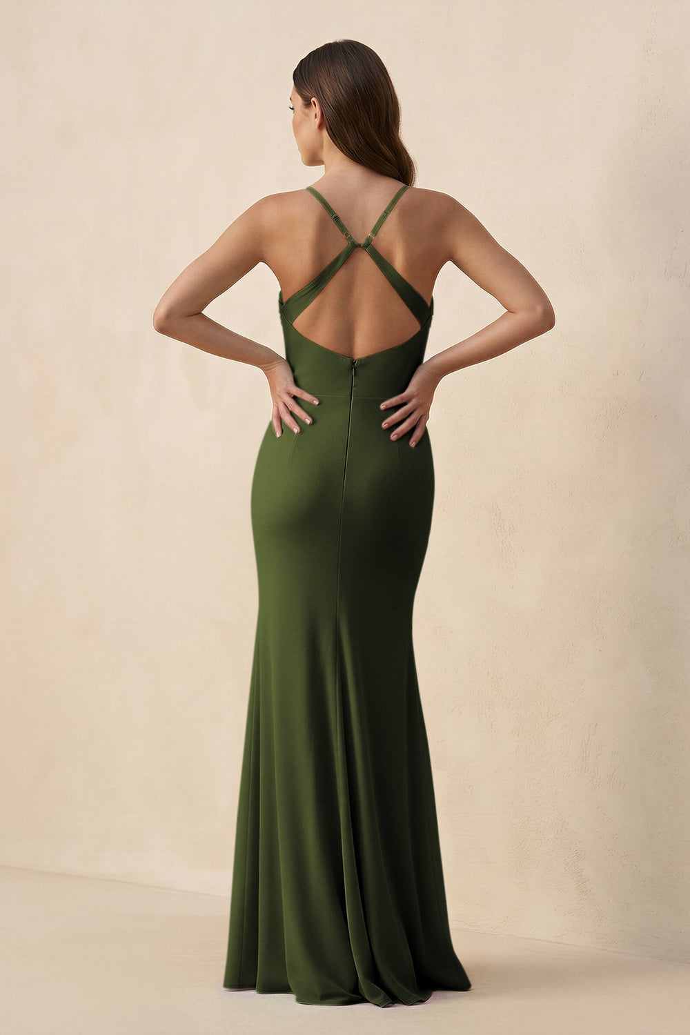 Cami Strap Sheath Chiffon Bridesmaid Dress with Slit in Olive - KissProm Bridesmaid Dresses