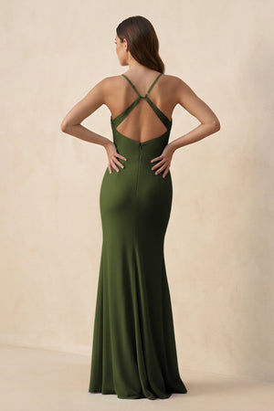 Cami Strap Sheath Chiffon Bridesmaid Dress with Slit in Olive - KissProm Bridesmaid Dresses