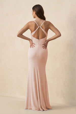 Cami Strap Sheath Chiffon Bridesmaid Dress with Slit in Pale Blush - KissProm Bridesmaid Dresses