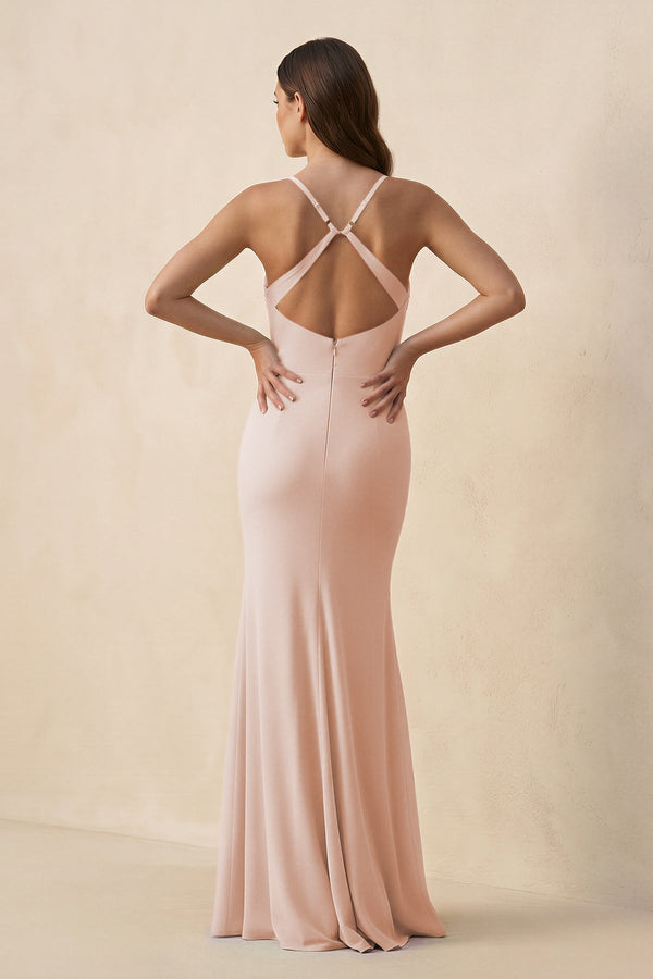 Cami Strap Sheath Chiffon Bridesmaid Dress with Slit in Pale Blush - KissProm Bridesmaid Dresses