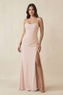 Cami Strap Sheath Chiffon Bridesmaid Dress with Slit in Pale Blush - KissProm Bridesmaid Dresses