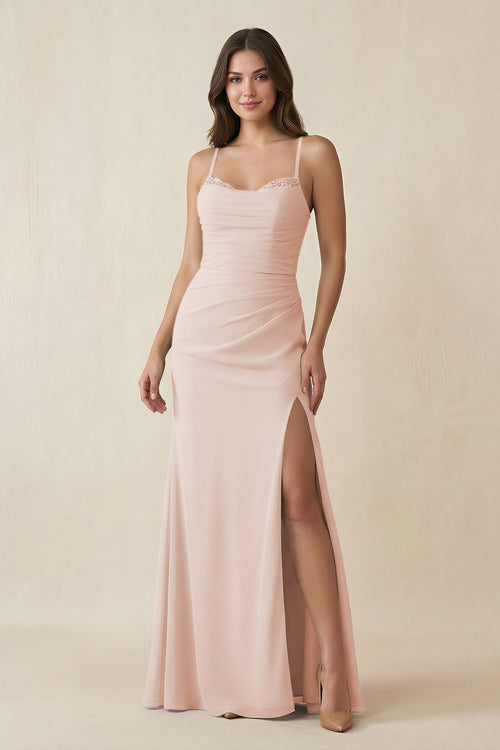 Cami Strap Sheath Chiffon Bridesmaid Dress with Slit in Pale Blush - KissProm Bridesmaid Dresses