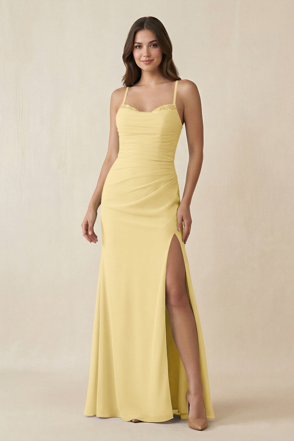 Cami Strap Sheath Chiffon Bridesmaid Dress with Slit in Pastel Yellow - KissProm Bridesmaid Dresses