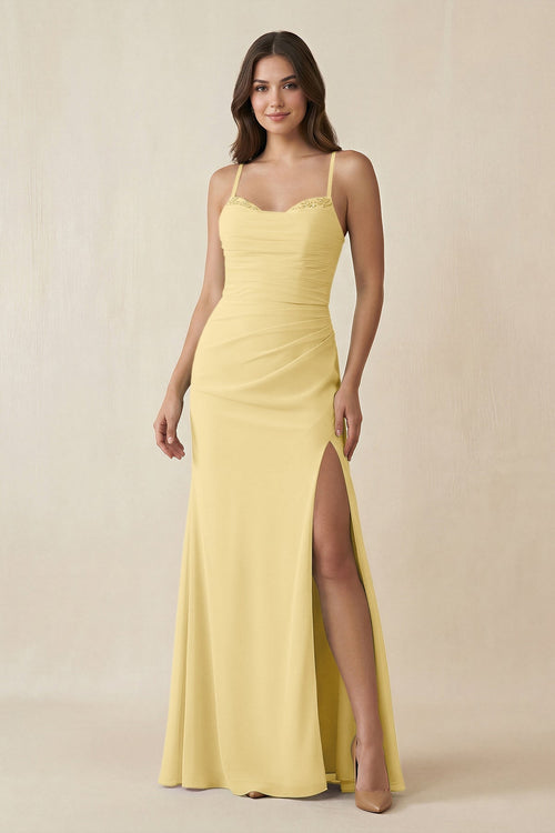 Cami Strap Sheath Chiffon Bridesmaid Dress with Slit in Pastel Yellow - KissProm Bridesmaid Dresses