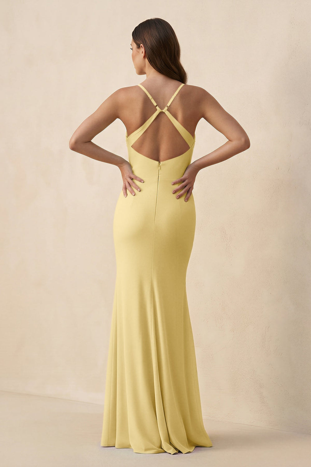 Cami Strap Sheath Chiffon Bridesmaid Dress with Slit in Pastel Yellow - KissProm Bridesmaid Dresses