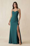 Cami Strap Sheath Chiffon Bridesmaid Dress with Slit in Pine - KissProm Bridesmaid Dresses