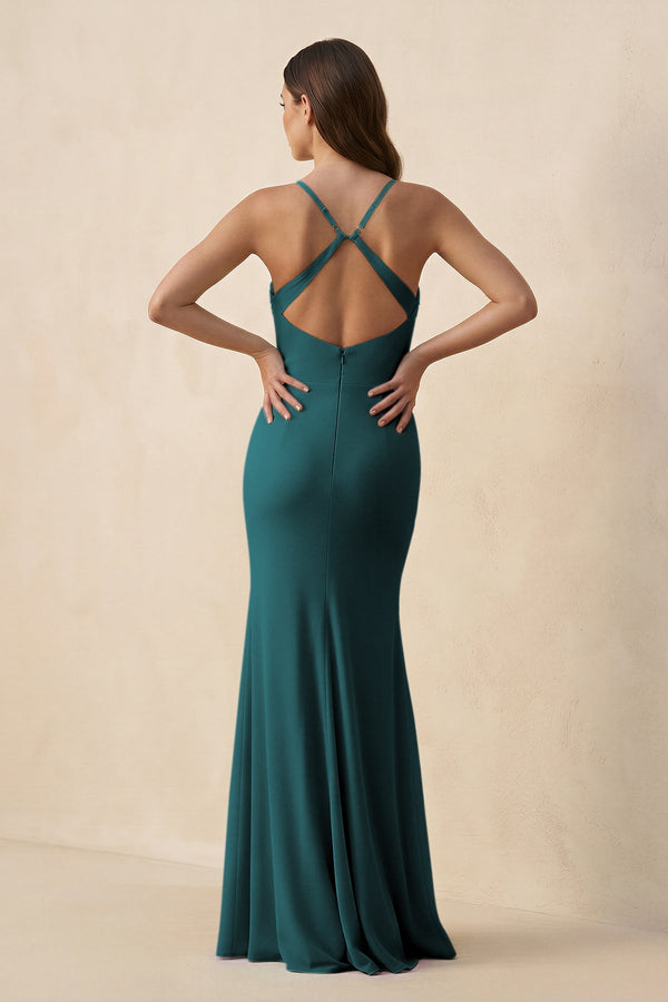 Cami Strap Sheath Chiffon Bridesmaid Dress with Slit in Pine - KissProm Bridesmaid Dresses