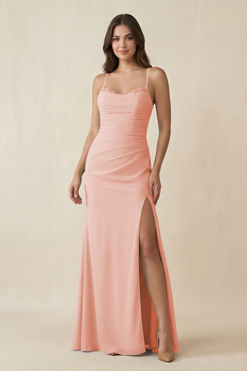 Cami Strap Sheath Chiffon Bridesmaid Dress with Slit in Rose Petal - KissProm Bridesmaid Dresses