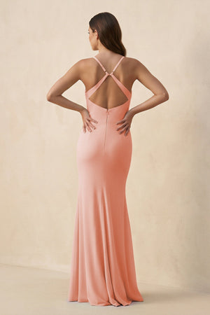 Cami Strap Sheath Chiffon Bridesmaid Dress with Slit in Rose Petal - KissProm Bridesmaid Dresses