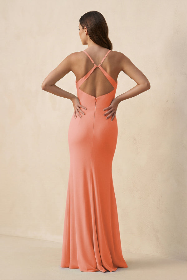 Cami Strap Sheath Chiffon Bridesmaid Dress with Slit in Rosette - KissProm Bridesmaid Dresses