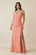 Cami Strap Sheath Chiffon Bridesmaid Dress with Slit in Rosette - KissProm Bridesmaid Dresses