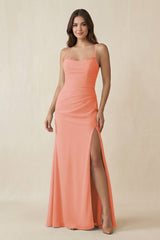Cami Strap Sheath Chiffon Bridesmaid Dress with Slit in Rosette - KissProm Bridesmaid Dresses