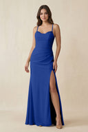 Cami Strap Sheath Chiffon Bridesmaid Dress with Slit in Royal Blue - KissProm Bridesmaid Dresses