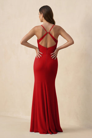 Cami Strap Sheath Chiffon Bridesmaid Dress with Slit in Ruby Red - KissProm Bridesmaid Dresses