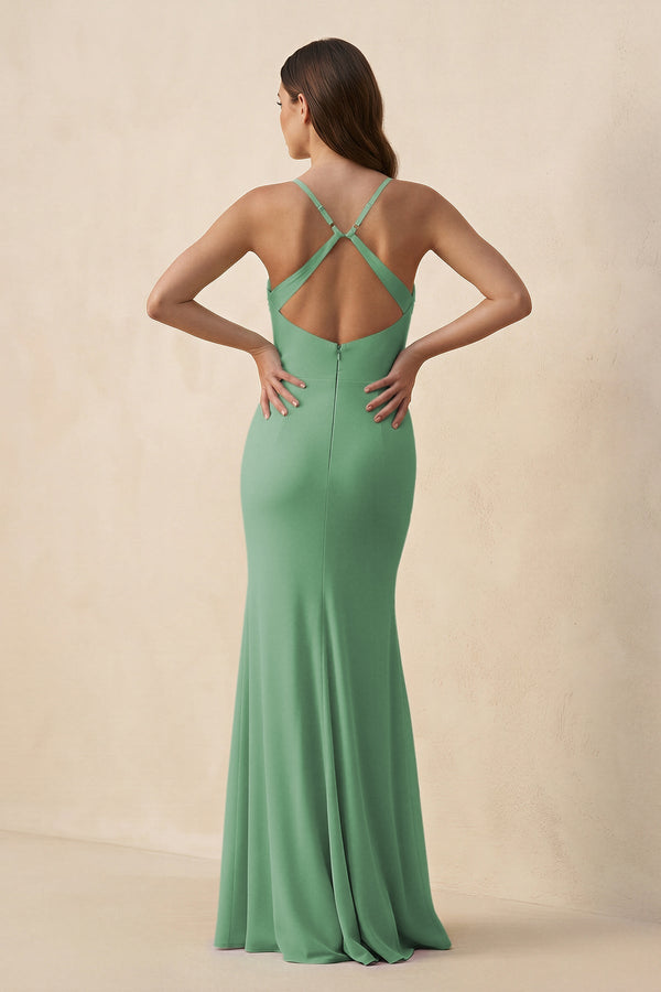 Cami Strap Sheath Chiffon Bridesmaid Dress with Slit in Sea Glass - KissProm Bridesmaid Dresses