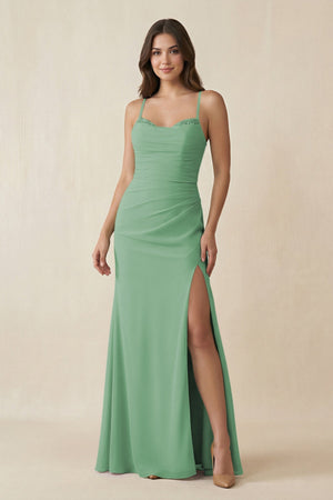 Cami Strap Sheath Chiffon Bridesmaid Dress with Slit in Sea Glass - KissProm Bridesmaid Dresses