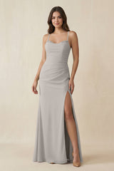 Cami Strap Sheath Chiffon Bridesmaid Dress with Slit in Silver - KissProm Bridesmaid Dresses