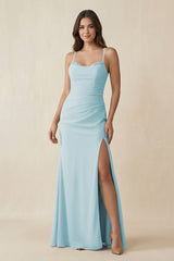 Cami Strap Sheath Chiffon Bridesmaid Dress with Slit in Sky Blue - KissProm Bridesmaid Dresses