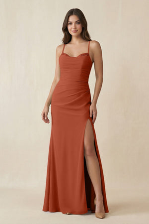 Cami Strap Sheath Chiffon Bridesmaid Dress with Slit in Spice - KissProm Bridesmaid Dresses