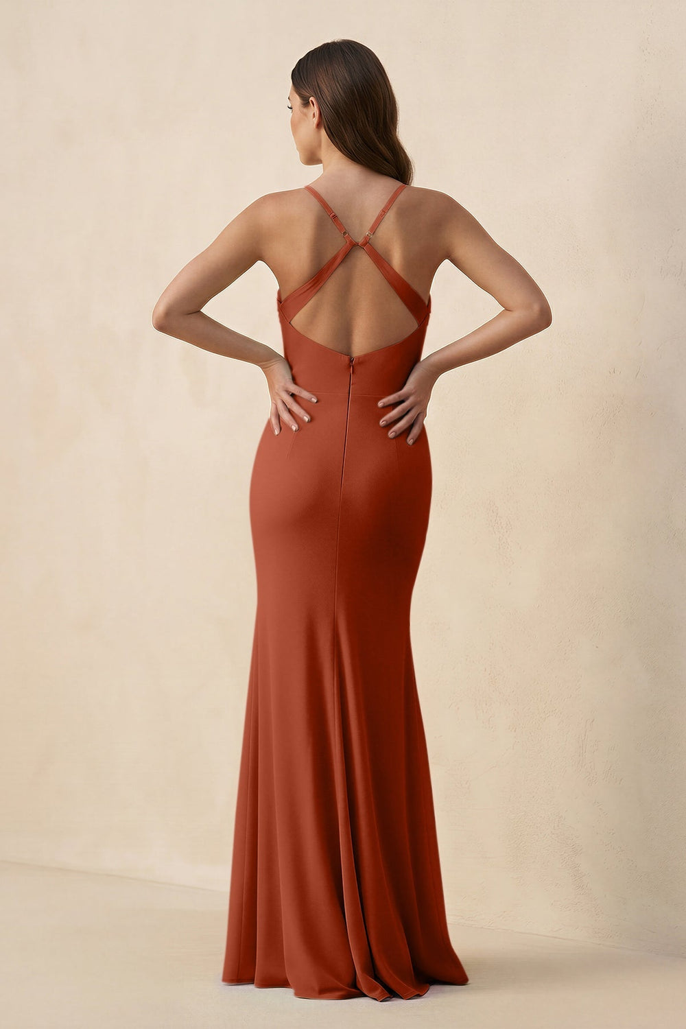 Cami Strap Sheath Chiffon Bridesmaid Dress with Slit in Spice - KissProm Bridesmaid Dresses