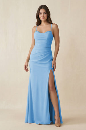 Cami Strap Sheath Chiffon Bridesmaid Dress with Slit in Steel Blue - KissProm Bridesmaid Dresses
