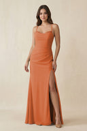 Cami Strap Sheath Chiffon Bridesmaid Dress with Slit in Terracotta - KissProm Bridesmaid Dresses