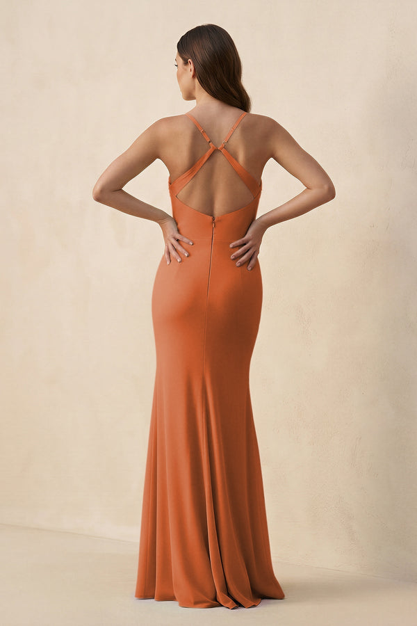 Cami Strap Sheath Chiffon Bridesmaid Dress with Slit in Terracotta - KissProm Bridesmaid Dresses