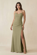 Cami Strap Sheath Chiffon Bridesmaid Dress with Slit in Thyme - KissProm Bridesmaid Dresses