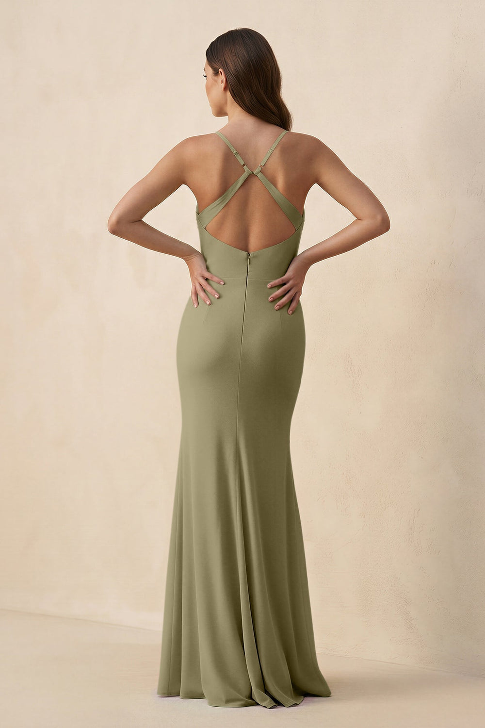 Cami Strap Sheath Chiffon Bridesmaid Dress with Slit in Thyme - KissProm Bridesmaid Dresses