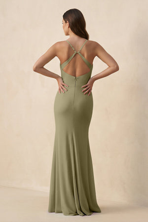 Cami Strap Sheath Chiffon Bridesmaid Dress with Slit in Thyme - KissProm Bridesmaid Dresses