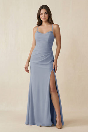 Cami Strap Sheath Chiffon Bridesmaid Dress with Slit in Twilight - KissProm Bridesmaid Dresses