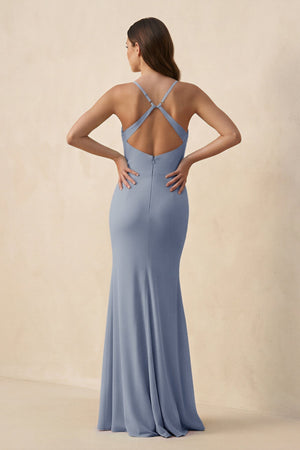 Cami Strap Sheath Chiffon Bridesmaid Dress with Slit in Twilight - KissProm Bridesmaid Dresses