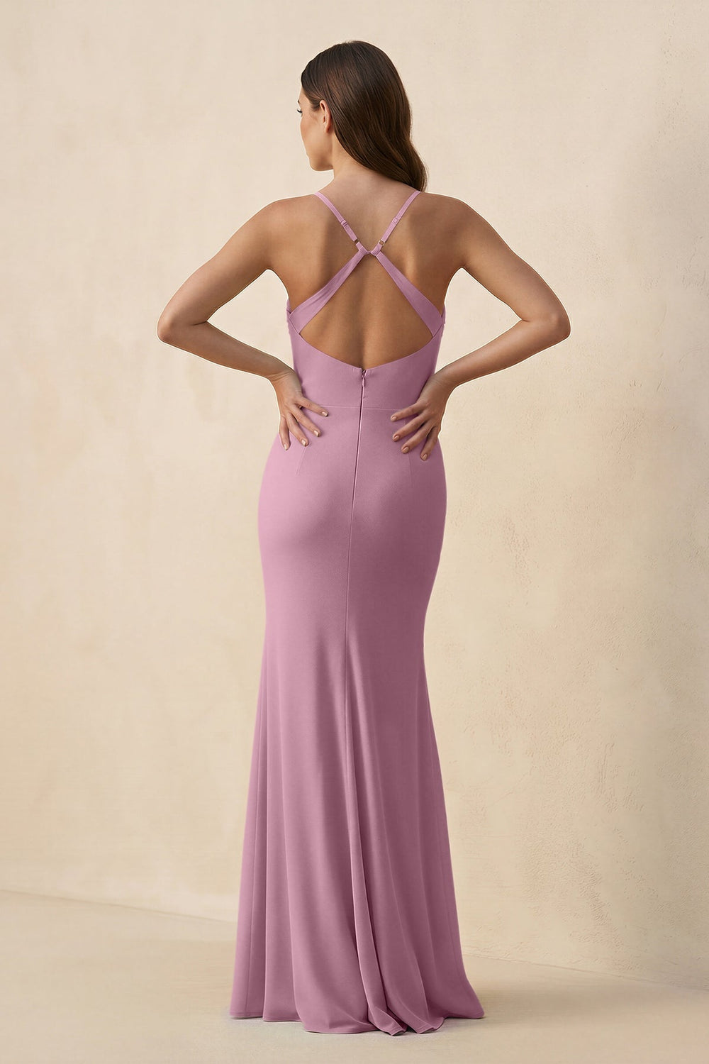 Cami Strap Sheath Chiffon Bridesmaid Dress with Slit in Vintage Mauve - KissProm Bridesmaid Dresses