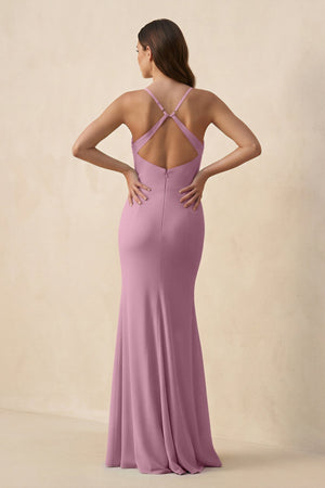 Cami Strap Sheath Chiffon Bridesmaid Dress with Slit in Vintage Mauve - KissProm Bridesmaid Dresses